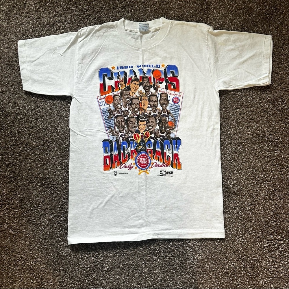 Vintage 1990 Salem Sportswear Detroit Pistons Back 2 Back Champs Tee Size L